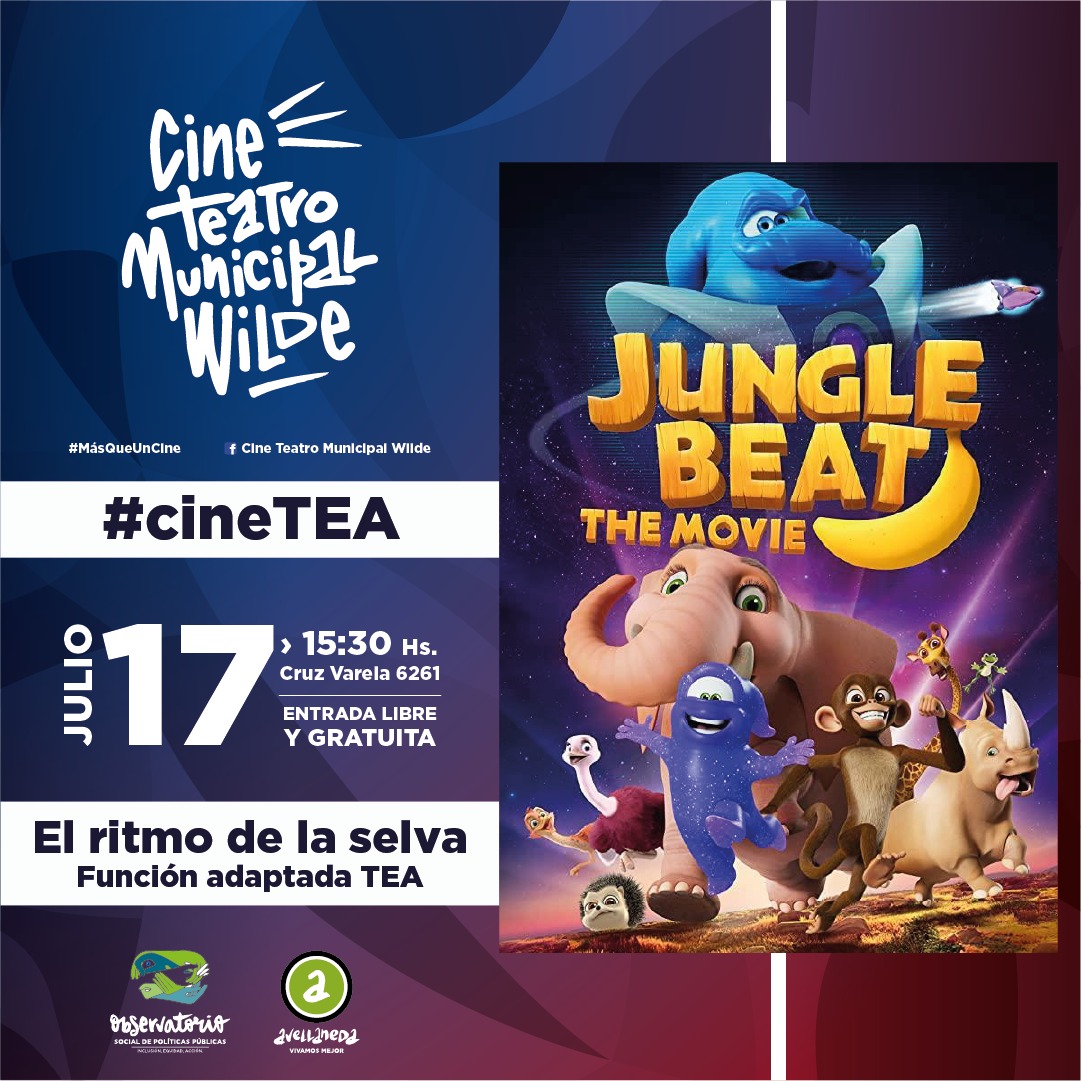 🎬 El Cine Wilde proyectará 'El ritmo de la selva' [Función adaptada TEA] 💙 📍 Hoy a las 15.30. ‼️ ATENCIÓN: 🎫 Las entradas se retiran 1 hora antes de la función elegida (máx. 2 por persona). 😷 Conocé el protocolo para el ingreso/egreso de la sala en: @cineteatrowilde