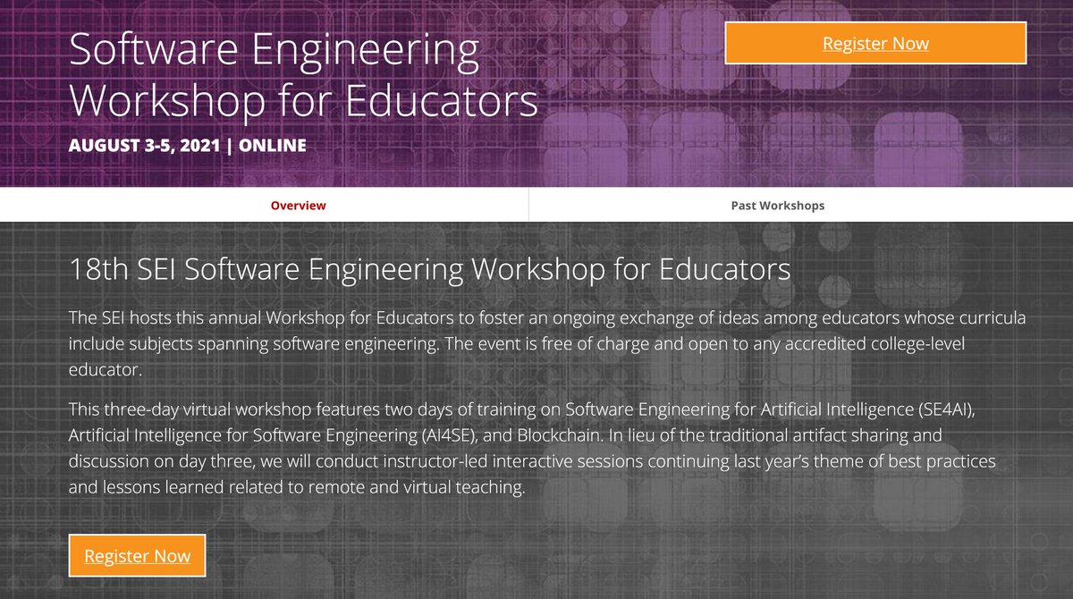 ingomweber's tweet photo. If you teach #SoftwareEngineering at a university or similar, the @SEI_CMU Software Engineering Workshop for Educators might interest you. I'll give a talk on teaching SE and #SoftwareArchitecture for #blockchain apps this year.
@GraceALewis 
https://t.co/wUZ6C59t1a https://t.co/HCBOEcxMNb