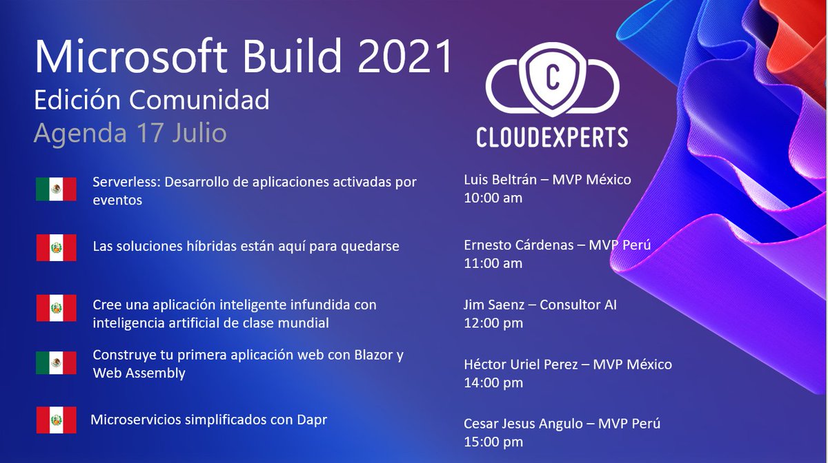 jorgeedisonc's tweet image. 📣 Hola, ya estamos por iniciar el #MSBuild2021 #EdiciónComunidad ?. 🚀  en donde vamos a replicar sesiones del #MSBuild en #Español.  #Serveless #AI #MsTeamsDev #Graph #Bots #DevOps #PowerPlatform #NetCore #Azure #PowerBI y más. 🔧 🔨Míralo en youtube.com/c/CloudExperts…