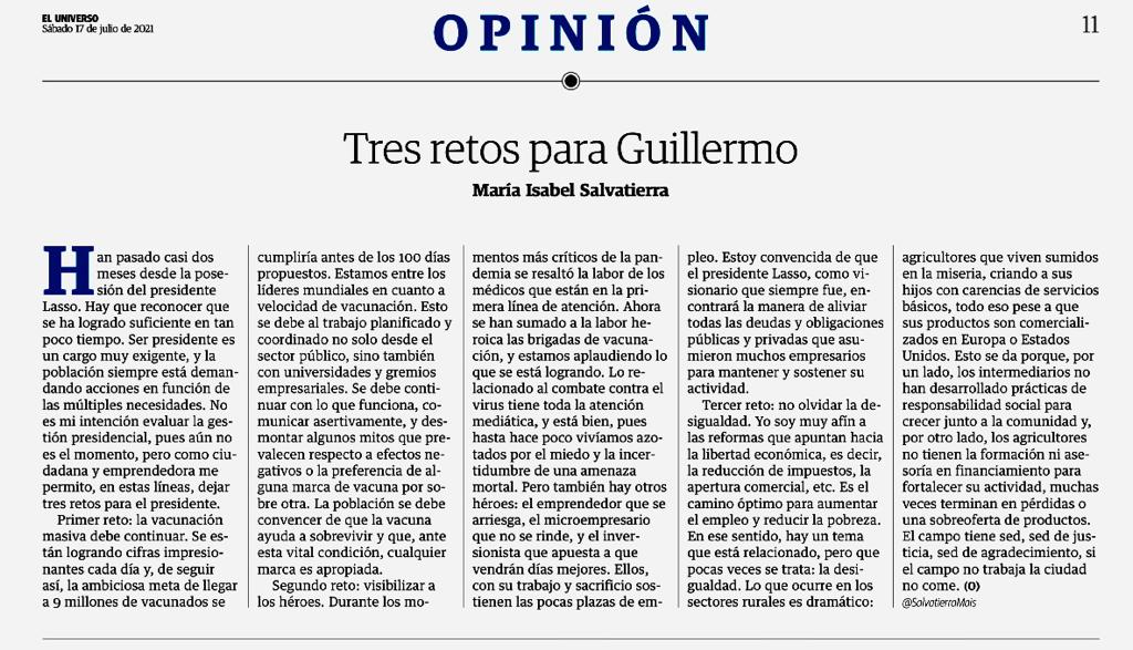 Tres retos para el presidente:

1. Mantener el nivel masivo de vacunación.
2. Visibilizar a los héroes del emprendimiento.
3. No olvidar la desigualdad y las necesidades del campo.

Les comparto mi artículo de hoy en <a href="/eluniversocom/">El Universo</a>: eluniverso.com/opinion/column…