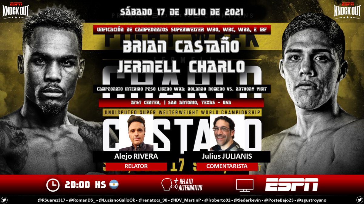 PuntajeIdealPE's tweet photo. 🥊 #BOX 🇺🇸 | #ESPNKnockOut 
🎙 Relator: @AlejoERivera
🎙 Comentarista: @julianisjulius
📺 #ESPN Sudamérica [SAP Alternativo, exclusivo 🇦🇷] 
💻📱 @ESPNPLAY
🤳 #BOXEOxESPN - #PBConESPN - #ColbertNyambayar - #RiveraFernandez
Dale RT 🔃 https://t.co/0HPL9eRptJ