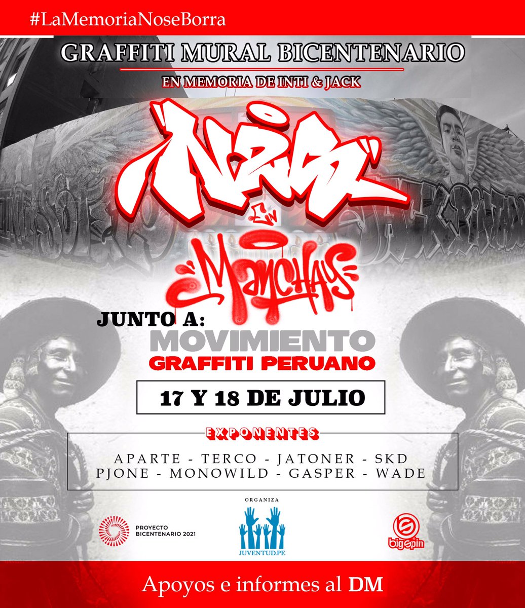 GraffitiPeruano's tweet photo. @gerardolipe No se preocupen que hoy y mañana volvemos a pintar el mural de #IntiYJack xq #LaMemoriaNoSeBorra 💪🏽🎨 https://t.co/jjj0N43Rzw