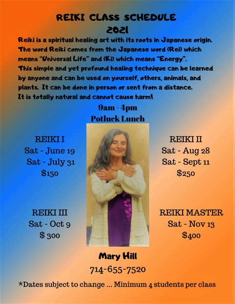 I’m excited to teach Reiki 1 on Saturday, July 31, 2021.  Please call me for information.
Have a beautiful day!