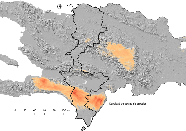 erickdorrejo's tweet photo. La zona fronteriza (ZF) cuenta con la mayor concentración de reptiles, mamíferos, aves y anfibios de RD (en la sierra de Baoruco), por encima de la Cordillera Central.
En el mapa se observa la mayor concentracion de la isla desde Barahona hasta el Departamento Ouest. #EDZF https://t.co/uEX0TTbTMF