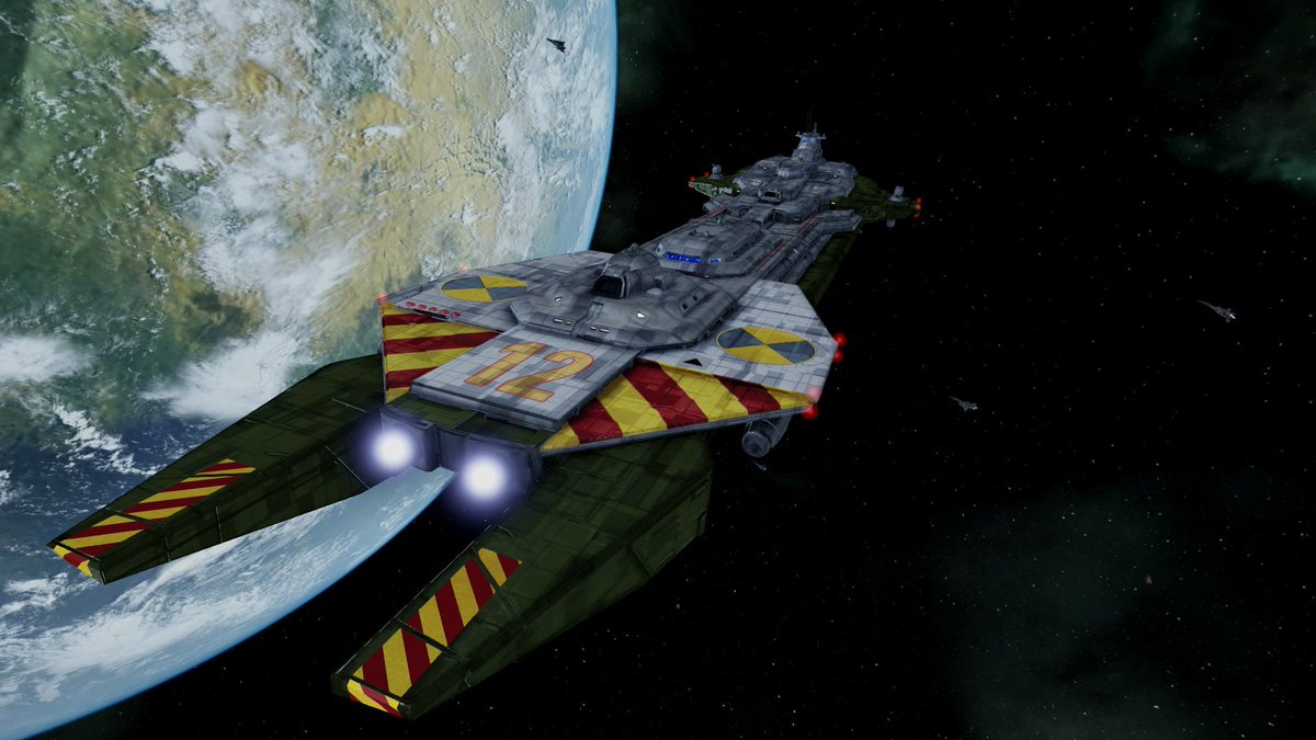 MacsLore's tweet image. A viewer on my recent #wingcommander video commented about the Tarawa, which reminded me of my efforts to import her into #FreespaceOpen It has no shield impact anims, the bumpmaps are a little weird,  and it cant fire. But it looks nice at least.