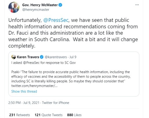 SCLegislator's tweet image. I still am not over this one 8 days later: The Governor of an under-vaccinated &amp;amp; mis/underinformed state affirmatively undermining public confidence in a vaccine that he &amp;amp; his family received &amp;amp; that he knows is safe/effective. While a deadly virus surges again in SC. Remarkable.