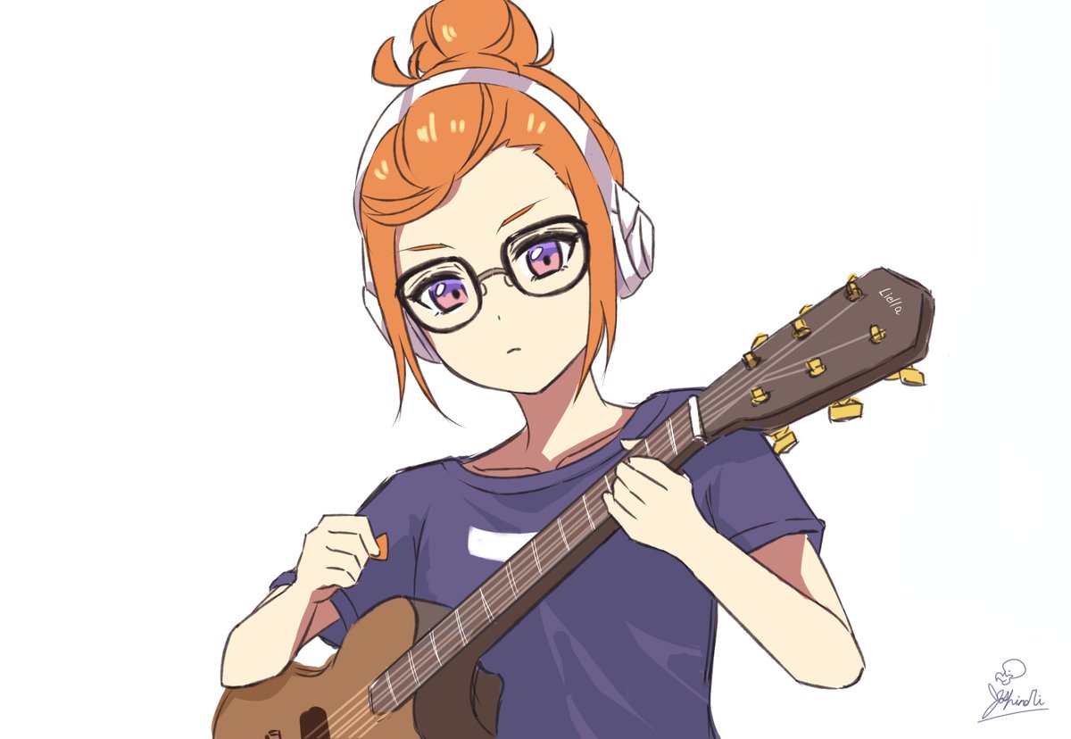 1girl instrument solo guitar glasses shirt white background  illustration images