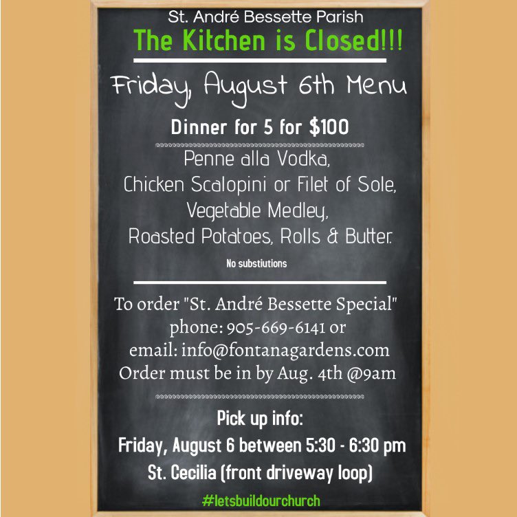 StAndreParish's tweet photo. Check out our mouth-watering August menu! Place your order today. #letsbuildourchurch @fontanagardensbanquethalls #fridaynightdinner #augustmenu👏🏻 @StCecilia_ycdsb @sra_ycdsb @4mycommunity @marilyniafrate @WigstonJennifer @RoseTrustee @WomenofthewordT @archtoronto https://t.co/PF88eyHXwe