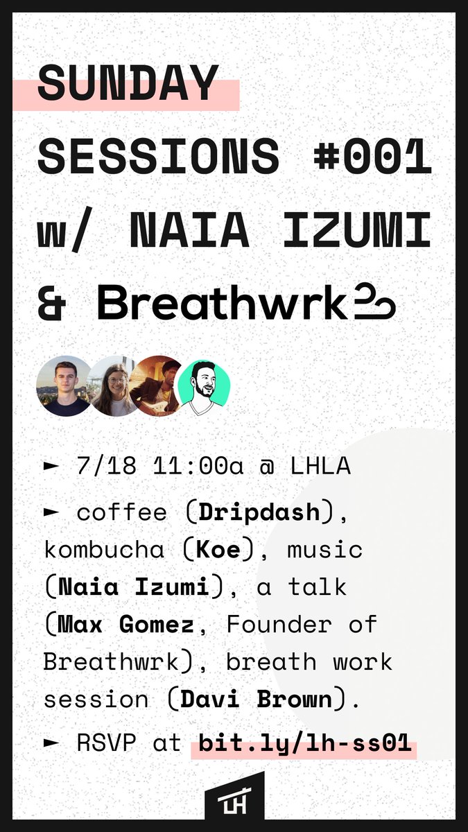 launchhouse's tweet image. tomorrow we're hosting the first ever

☼ 𝕊𝕌ℕ𝔻𝔸𝕐  𝕊𝔼𝕊𝕊𝕀𝕆ℕ𝕊 ☼
"church for founders &amp;amp; creators"

- music by @NaiaIzumi 
- inspirational talk by Max Gomez (founder, @breathwrk)
- breath work session (@davilynbrown)
- premium coffee (@dripdash) &amp;amp; kombucha (#drinkkoe)