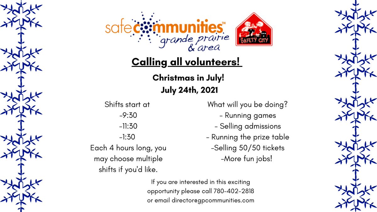 GPSafeCommunity's tweet image. We are looking for some fantastic volunteers to help us with this wonderful event! Please call 780-402-2818 or email director@gpsafecommunities.com if you are interested!