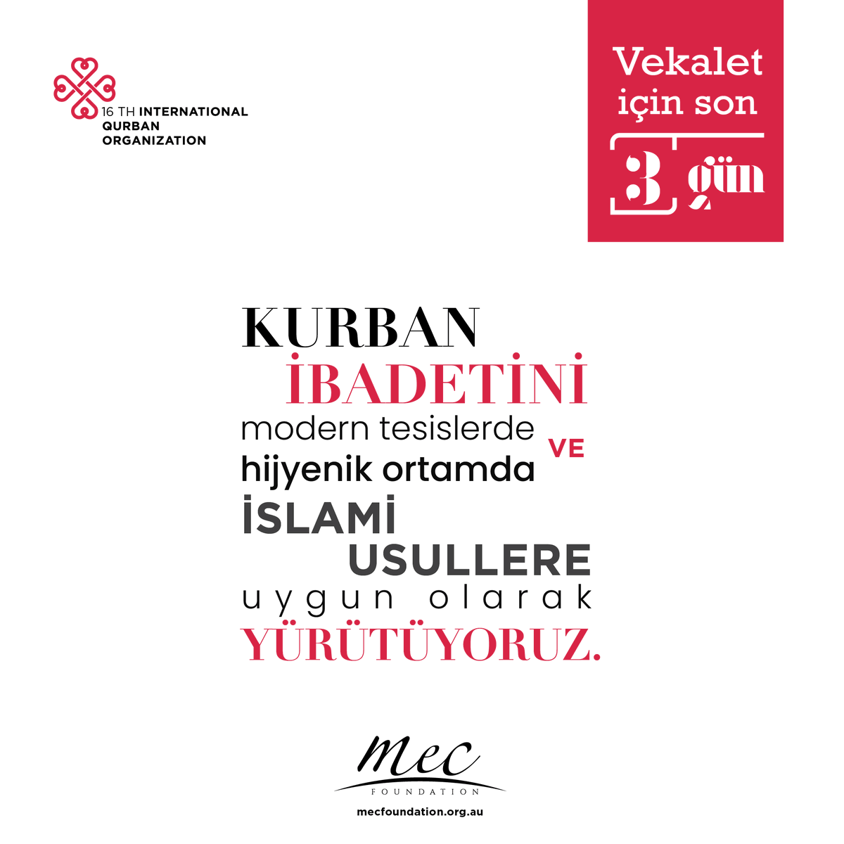 mecvakfi's tweet image. We perform ibadah of qurban in modern facilities, hygienic environment and with Islamic procedures.

🌐 mecfoundation.org.au

#DoItRight #DoItForAllah #DoItForTheSakeOfAllah #DoItProperly