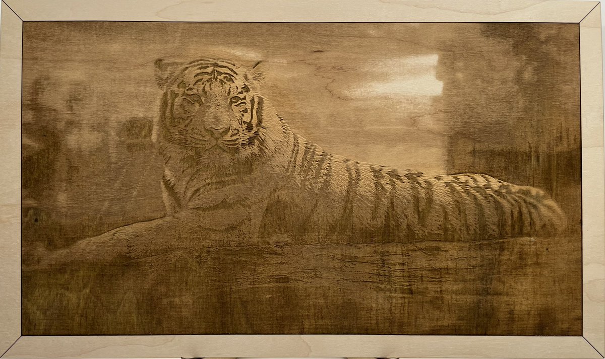 Engraved a picture of this majestic tiger (available now in my shop). What do you think? Are there any animals you would like to see in wood form? Comment below. #tiger #engraving #woodengraving