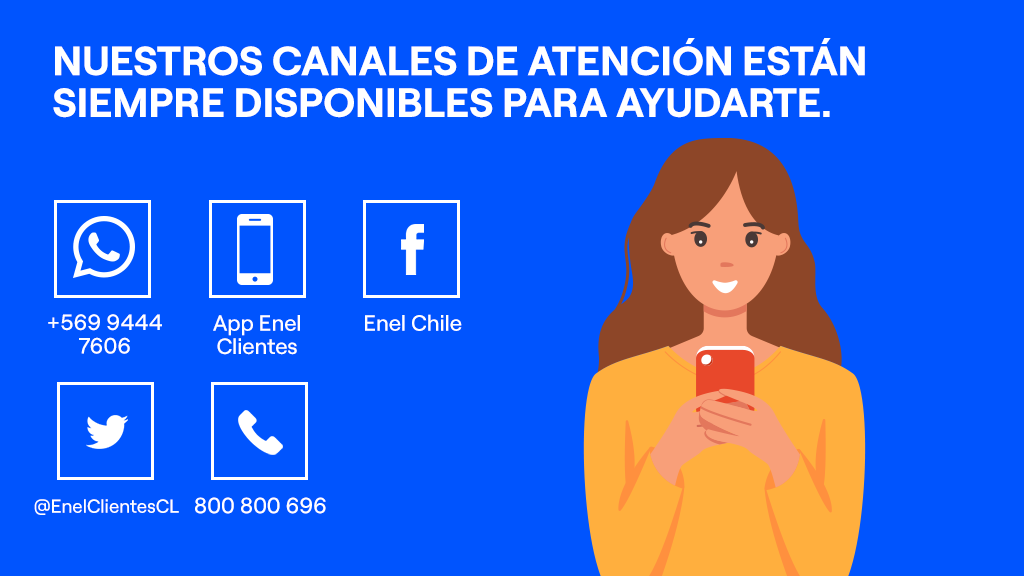 Enel_Informa_CL's tweet photo. En WhatsApp, Redes Sociales, App Enel y otros canales de atención, estamos siempre atentos para resolver tus dudas. Contáctanos por el que más te acomode: https://t.co/qP6l09cLZK
#Conversemos #EnelTeEscucha https://t.co/oz9IvRJU6p
