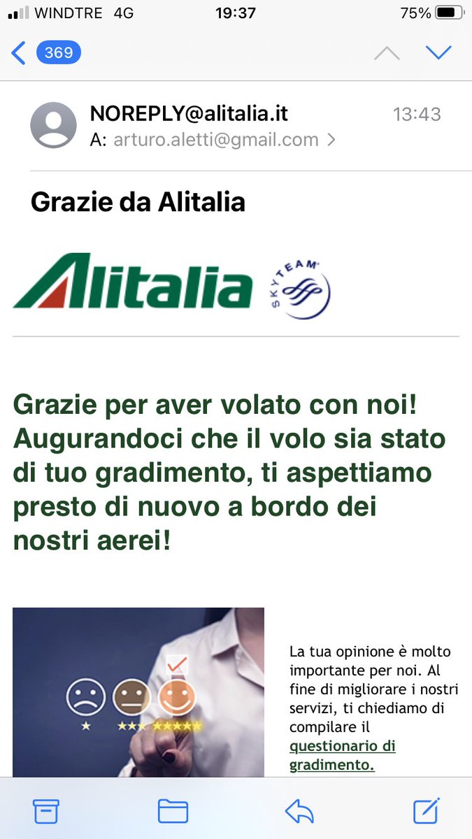 Reartwo's tweet photo. #Nonsense @Alitalia : vogliono sapere se il volo (annullato e riprotetto dopo 5 ore) e' stato di gradimento, con una mail #noreplay..... https://t.co/n6baoTtVBU