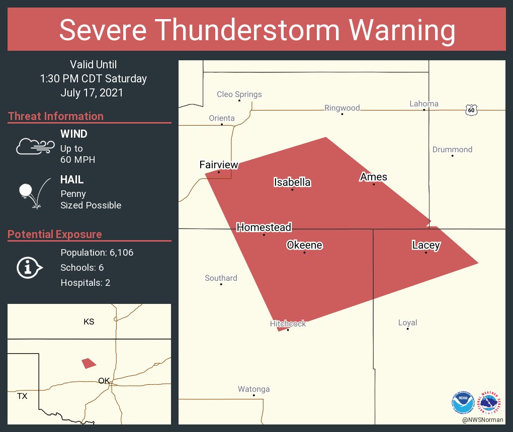 NWSSevereTstorm's tweet photo. Severe Thunderstorm Warning including Fairview OK, Okeene OK, Ames OK until 1:30 PM CDT https://t.co/SZT3yEnD5j
