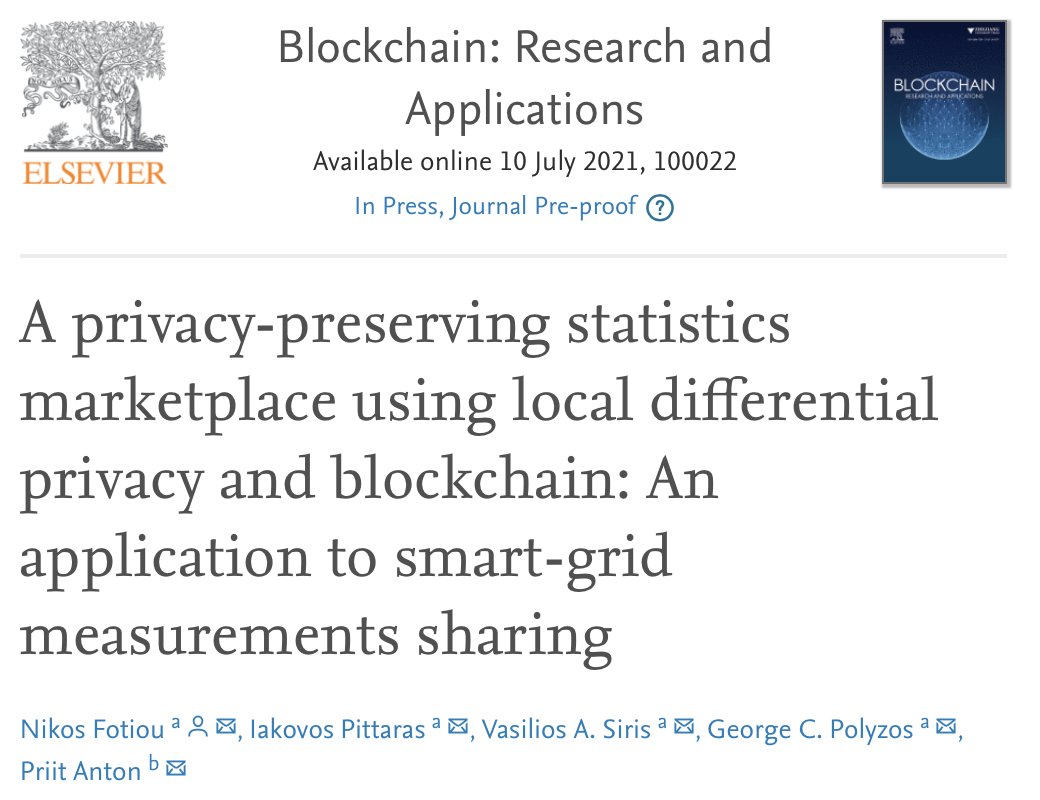 🥳<a href="/EU_Sofie/">SOFIE</a> project is finished but our high-level publications still keep coming! Authors from <a href="/AUEB/">AUEB</a> and <a href="/Guardtime/">Guardtime</a> discuss the privacy-preserving statistics marketplace using local differential #privacy and #blockchain 🤓👉 bit.ly/2UQklOo

#smartgrid #application