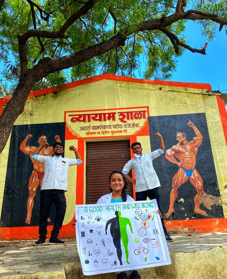 Community Learnings of @UN @SDGoals in India's model village - Patoda, Aurangabad, Maharashtra by students of Mahatma Gandhi Mission Institute of Physiotherapy. @WHO @MoHFW_INDIA @UN_SDG @SDGaction @ConnectSDGs   @sdgforindia @mopr_goi