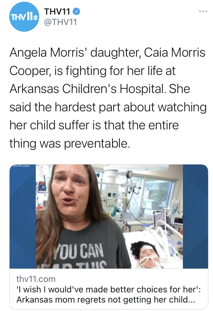 😢13-year-old Caia from #Arkansas, fighting for her life from #COVID19. Caia’s #mom: “I just had a false sense of security that it was just like the flu…I wish I had made better choices for her…Everybody just needs to get the #shot.” #Parents, pls get ur #teen the #Covidvaccine