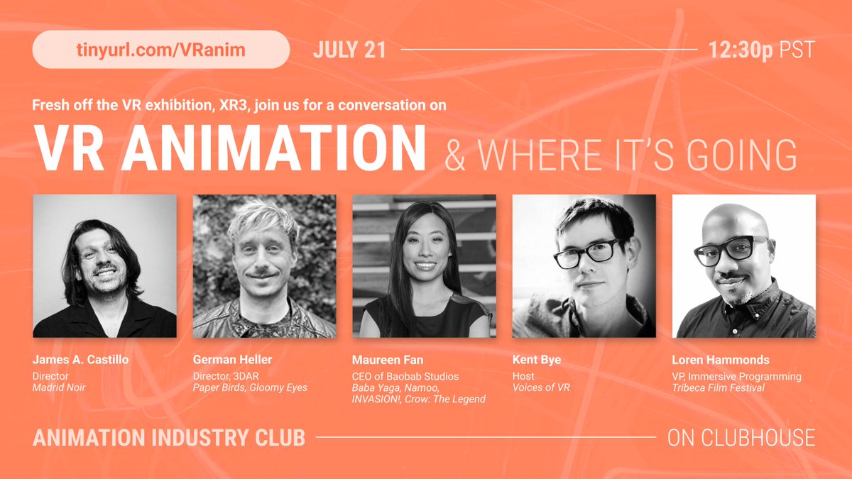 Fresh off #XR3, the VR exhibition co-curated by @Tribeca, @CannesXR, and @Newimages_Paris, join us Wednesday at 12:30p PT on Clubhouse for a talk on the future of VR Animation, with @jmurfish, German Heller, Maureen Fan, @KentBye, and @TheCinematic! 🔥 tinyurl.com/VRanim