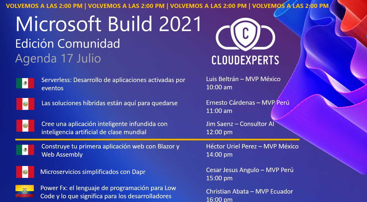 jorgeedisonc's tweet image. 📣📣 Hola, volvemos a las 2:00 pm #MSBuild2021 #EdiciónComunidad con Héctor Uriel Pérez Rojas, César Jesús Angulo gasco y Christian Abata. 🚀 Este es un evento en vivo, en donde vamos a replicar sesiones del #MSBuild en #Español. 
Míralo en vivo en youtube.com/c/CloudExperts…