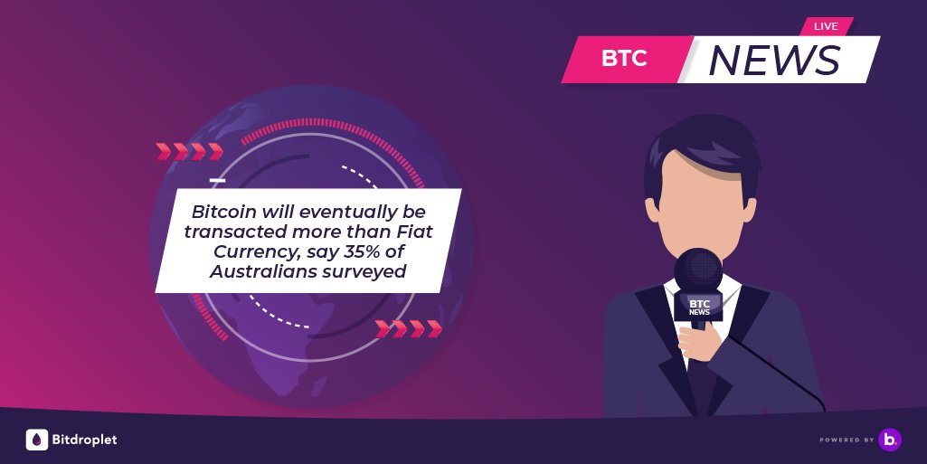 bitdroplet's tweet photo. 35% of Australians believe bitcoin will eventually be transacted more than fiat currency. Almost the same number of respondents believe that bitcoin “has a significant role to play in the future of currency.” Share your thoughts.

#bitcoinnews #bitcoinisfuture #bitcoinoverfiat https://t.co/JCnabV3chi