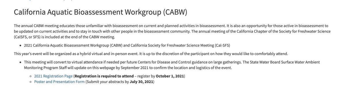 🌊 Save the date! 📅

The 28th annual <a href="/swamp_water_ca/">CA SWAMP</a>  meeting &amp; 9th annual #CalSFS meeting will be hosted on October 12-13, 2021. Info will be updated at bit.ly/3ewjGJ3. 

👉 Upcoming deadlines 👈
- July 30: Poster/Talk abstracts due 
- Oct 1: Registration deadline

1/n