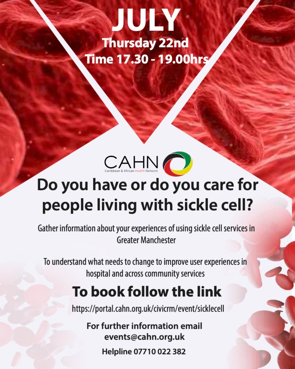 We want to understand what needs to change to improve the user experiences of persons with sickle in hospitals and across community services. 

Register today to help us at: portal.cahn.org.uk/civicrm/event/…    

Date: Thursday 22nd July 2021 | Time: 5:30 pm – 7:00 pm