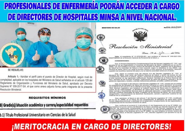 SinesssPeru's tweet photo. El #SINESSS SALUDA INICIATIVA DEL #MINSA POR EMITIR LA R.M. N°876-2021/MINSA QUE INDICA LA MERITOCRACIA, APROBANDO QUE EL PERSONAL PROFESIONAL EN CIENCIAS DE LA SALUD, ACCEDA A CARGOS DE DIRECTORES EN HOSPITALES A NIVEL NACIONAL, INCLUYENDO AL PROFESIONAL DE #ENFERMERÍA. https://t.co/4J7HSCVpZn