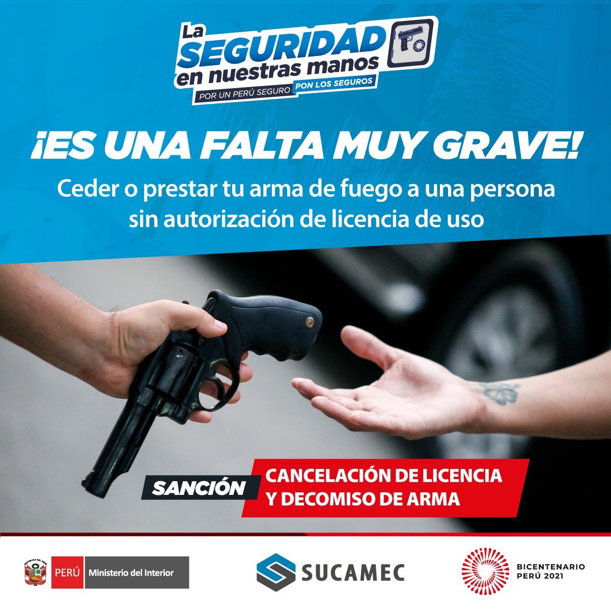Transferir, otorgar o dar un #ArmaDeFuego a personas sin autorización o licencia es una infracción muy grave, que conlleva a la cancelación y decomiso del #arma. También aplica para los miembros de la PNP y FF.AA. en su arma de uso civil.  
#PorUnPerúSeguro🇵🇪#PonLosSeguros🔒