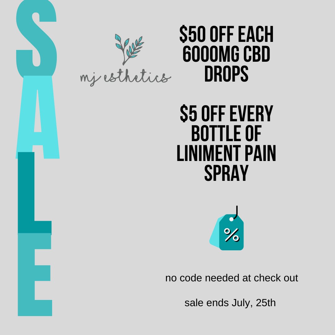 mjesthetics's tweet photo. Save $50 off each 6000mg CBD Drops and $5 off every bottle of liniment pain spray.⁠
⁠
No code needed; sale ends July 25th.⁠
⁠
Shop online at https://t.co/SFeuwPycxU link is in bio @mjesthetics

#cbdoil #cbd https://t.co/GjZ8hzL0li