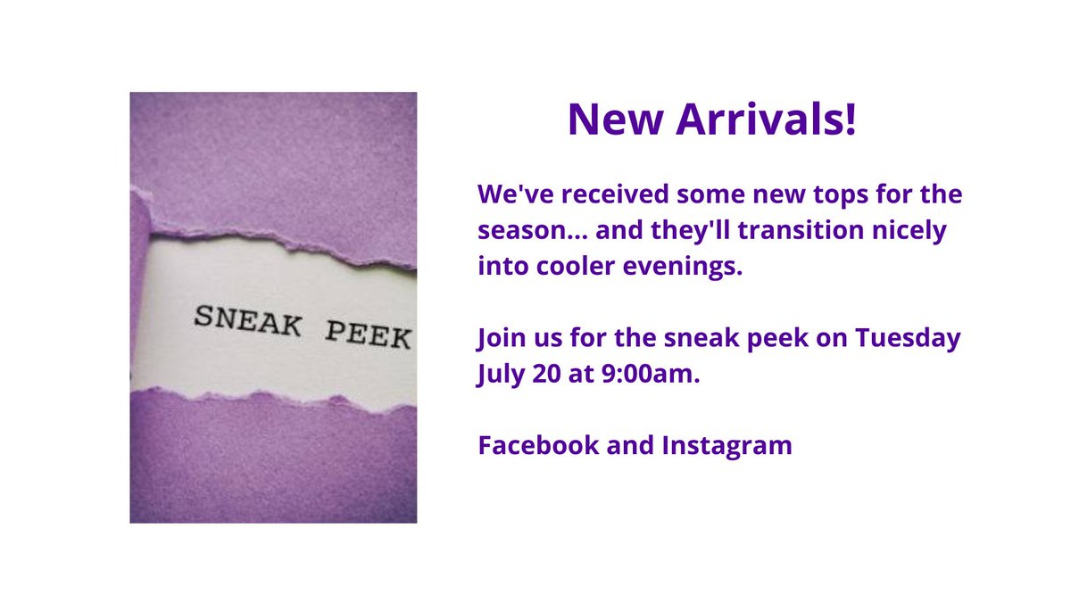 We're excited to show you some new tops and tunics - just arrived!
Facebook and Instagram Live on Tuesday July 20 at 9am.  See you then...