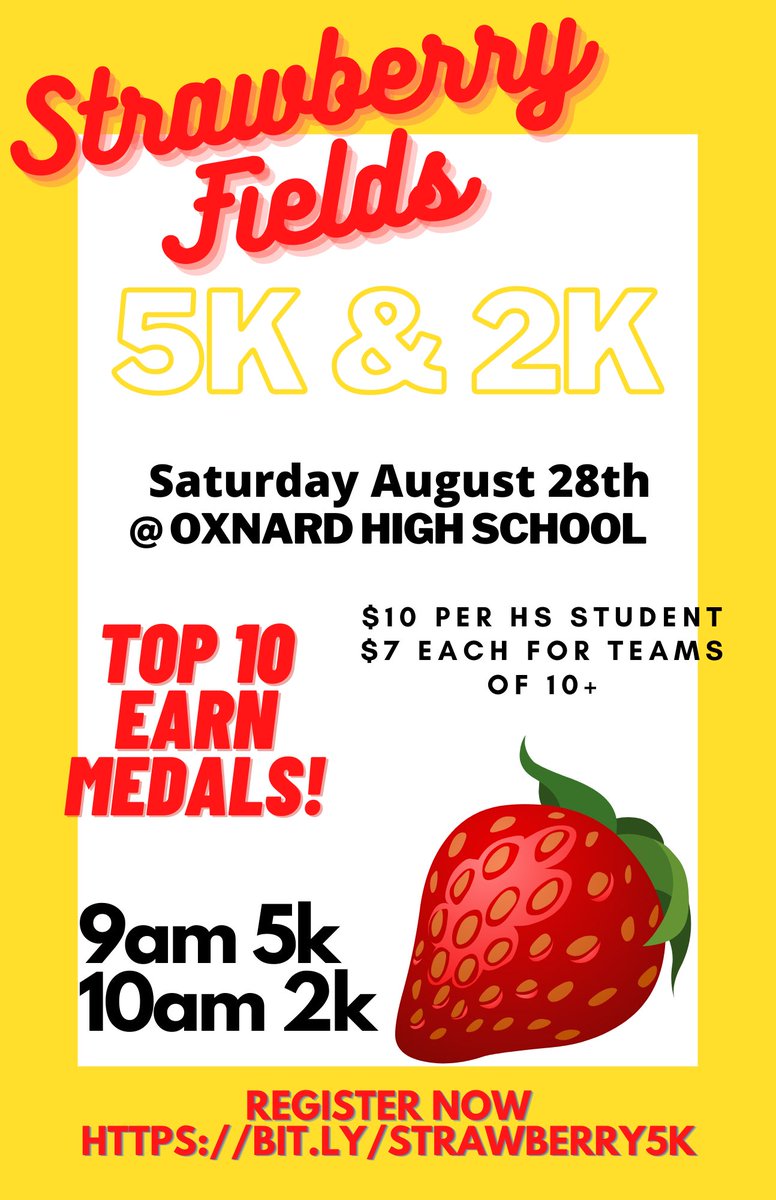 Join us for the Strawberry 🍓 Fields 5k/2k!

Sign up here ⬇️

bit.ly/Strawberry5k

<a href="/Speed_Timing/">Speed Timing</a> <a href="/SoCalSuzanne/">Suzanne Speed</a> <a href="/OxnardHSASB/">Oxnard High's ASB</a> <a href="/RichardUrias/">Asst. Supt. Business Services - Oxnard Union</a>