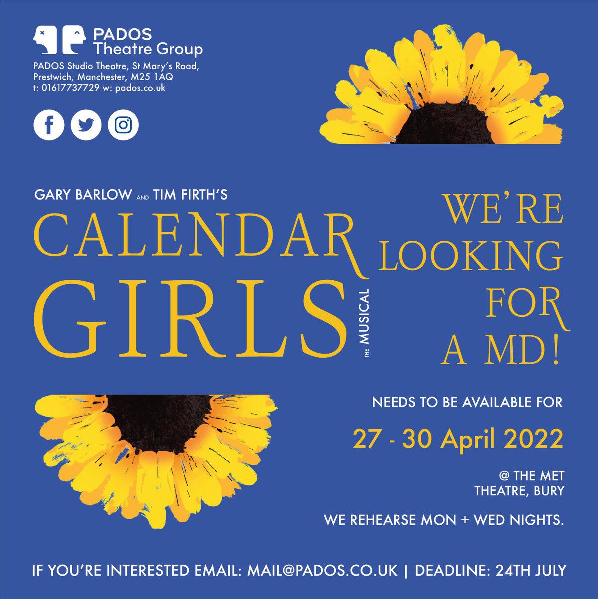 PADOS (Prestwich Theatre Group) (@padosofficial) on Twitter photo Our 2022 musical needs a Musical Director!
If you're interested send us an email at mail@pados.do.uk 🎶🎶🎶 Our 2022 musical needs a Musical Director!
If you're interested send us an email at mail@pados.do.uk 🎶🎶🎶