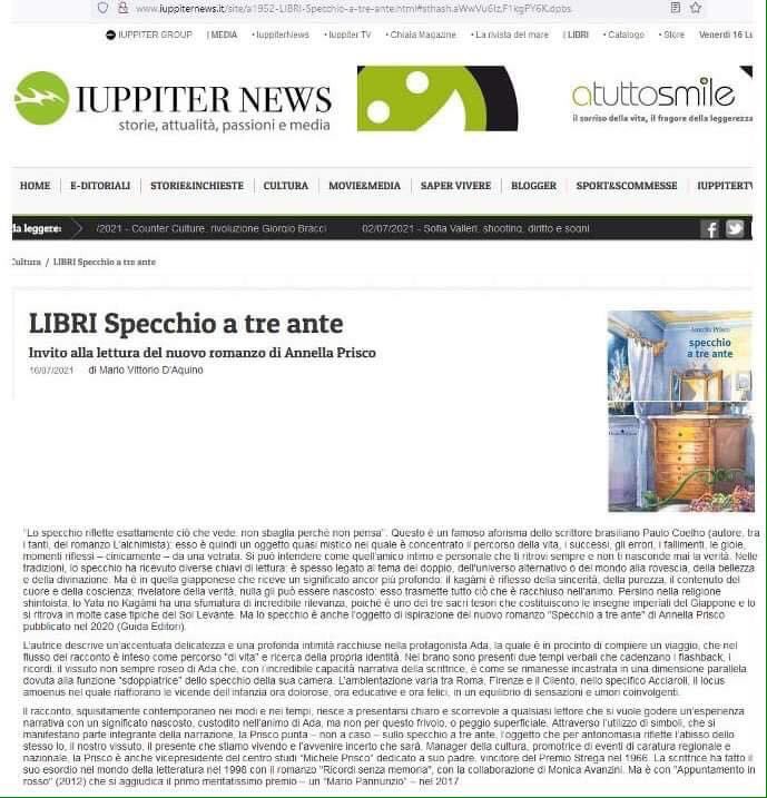 Piacevole la lettura della recensione al mio romanzo "Specchio a tre ante" (<a href="/Guida_Editori/">Guida Editori</a>) da parte di Mario Vittorio D'Aquino pubblicata nella rivista <a href="/IuppiterNews/">Iuppiter News</a> diretta da <a href="/maxdefrancesco/">Max De Francesco</a>. Ringrazio entrambi per l'attenzione