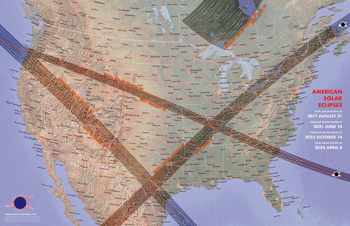 AmericanEclipse's tweet photo. Four solar eclipses across North America! August 21 2017, June 10, 2021, October 14 2023, and April 8 2024. Which have/will you see? https://t.co/KD5JD4qj2c