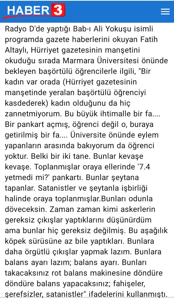 Başörtü yasaklarında üniversiteye girmek isteyen kızlara; kevaşe fahişe, satanist, şeytan ile işbirliği yapmış, köpek sürüsü, bunları odunla döveceksin balans ayarı yapmak lazım diyen Fatih Altaylı çıkmış aşı olmayanlar için de çeşitli cezalar yazmış FAŞİST
#KesSesiniFatihAltaylı