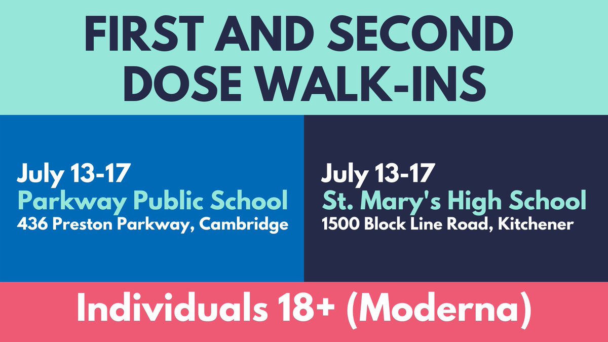 RegionWaterloo's tweet photo. #ICYMI: First and second dose walk-ins are welcome until 6:30 p.m. today at Parkway Public School and St. Mary's High School. Go Now! 🏃‍♂️

➡️18+ (Moderna)
🆔Bring your health card or another piece of ID
ℹ️First dose walk-ins are welcomed at all clinics: https://t.co/1z6FVn53O6 https://t.co/JIGGspuV5u