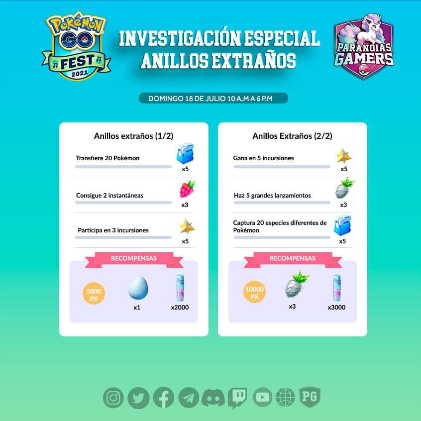 ParanoiasGamers's tweet photo. TEAM PARANOICO!
Os dejamos las infografías de las investigaciones del segundo día del Go Fest 2021 que comienza a las 10 a.m. hora local.
✳️La investigación especial "Anillos Extraños" estará disponible para todos los entrenadores.
#PokemonGo https://t.co/Doo8tbN22L