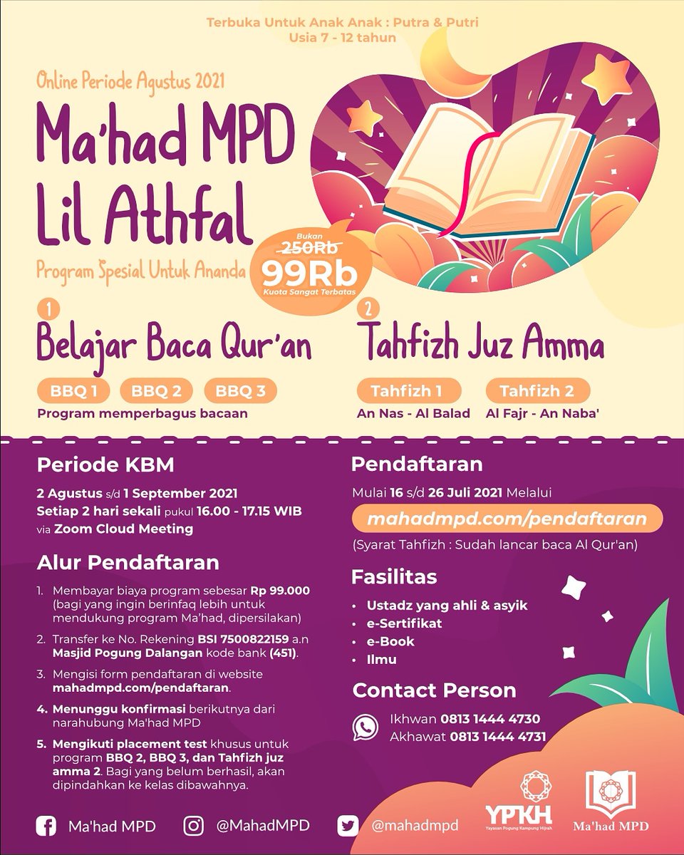 MahadMPD's tweet photo. A - Tahsin (Pembenaran bacaan Al-Quran dan tajwid)
1. BBQ 1 (Belajar Baca Qur'an level 1)
2. BBQ 2 (Belajar Baca Qur'an level 2)
3. BBQ 3 (Belajar Baca Qur'an level 3)

B- Tahfizh Juz Amma
1. Tahfizh juz Amma 1 : An Nas - Al Balad
2. Tahfizh juz Amma 2 : Al Fajr - An Naba'

Yuk.. https://t.co/dbNdXoi0Pe