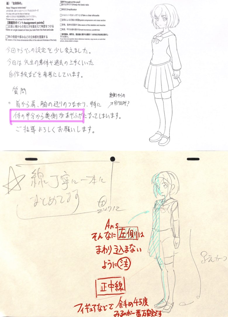 【立体の回り込みは実物から観察してみよう】
21年7月基礎コース「斜め立ちポーズ」添削結果まとめ
ポイント)
・側面で斜めの方向性
・横と正面の組み合わせが斜め
・全身のパースを合わせる