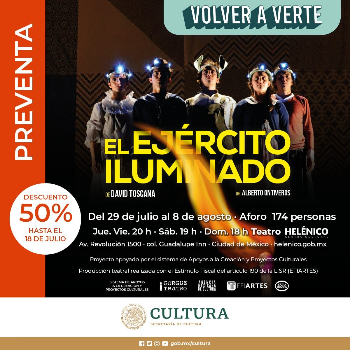 El teatro sigue vivo
Llega a <a href="/Helenico/">Centro Cultural Helénico</a> 
EL EJÉRCITO ILUMINADO 
Aprovecha la promoción 
<a href="/ACulturatv/">Arte Culturatv</a> <a href="/cultura_mx/">Secretaría de Cultura</a> <a href="/CulturaEnMexico/">Cultura en México 🇲🇽</a> <a href="/Entretenia/">Entretenia</a>
