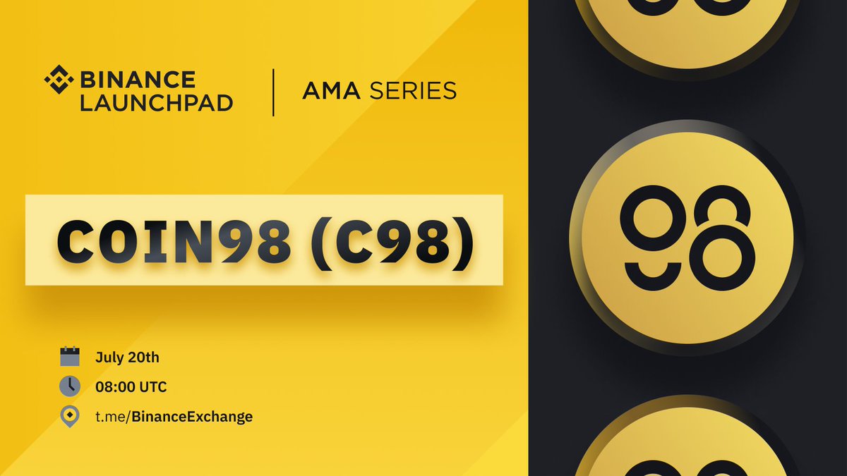 binance's tweet photo. Join us on July 20 🗓 at 8am UTC⌚️ for an AMA in the #Binance English Telegram group with Co-founder of @coin98_wallet, @imLeThanh98.

🏆 There will be $3,000 USD in #C98 to be won, so don't miss out and save the date!

Get involved ➡️ https://t.co/6A44tBLSZI https://t.co/HeRZHN0lOm