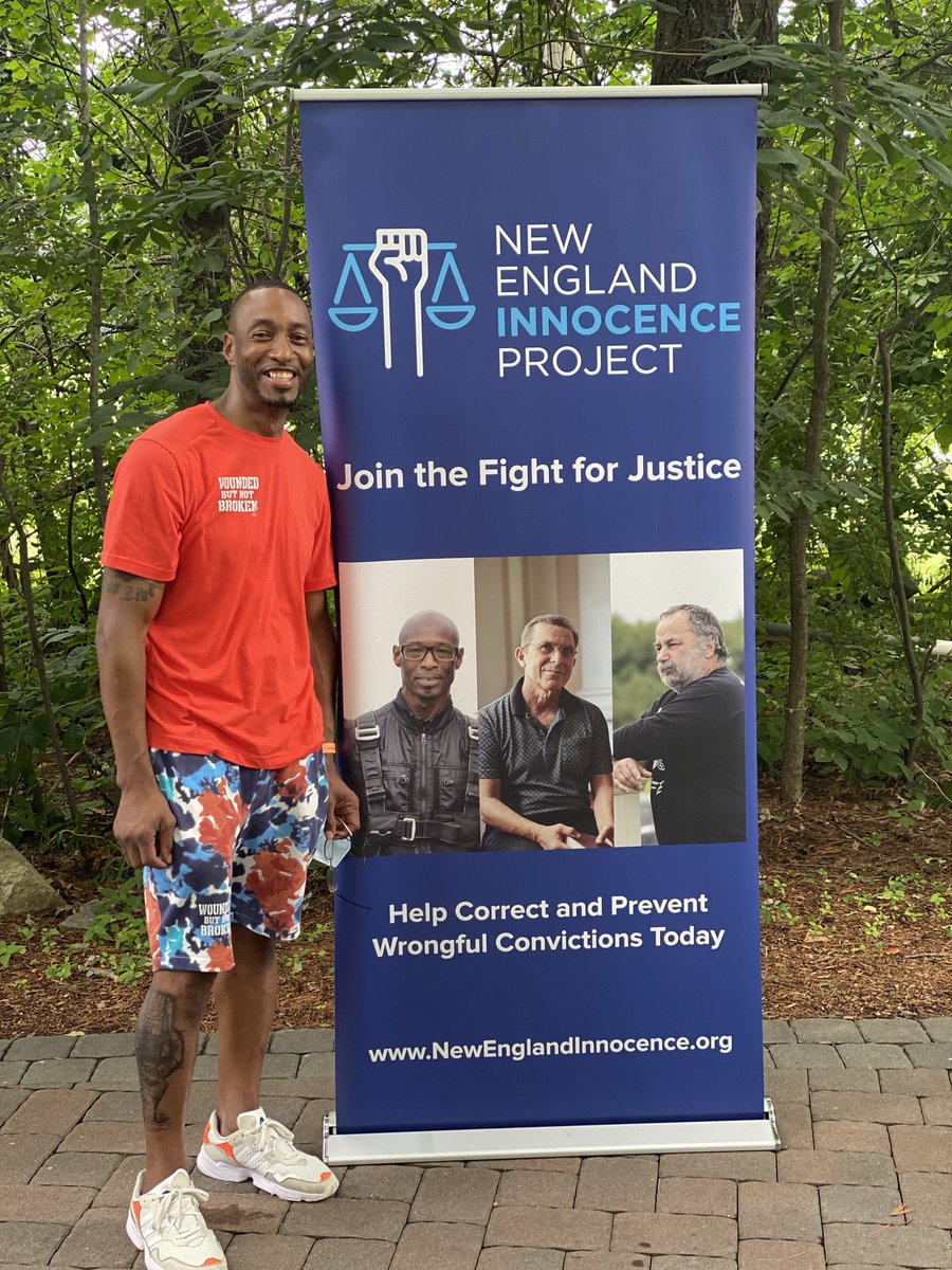 NEInnocence's tweet image. We celebrated today with ⁦@EllisKSean⁩. Exonerated of all charges - finally. Here he is with photos of beloved members of our community: Fred Clay, Victor Rosario, and Dennis Maher. #freedomparty