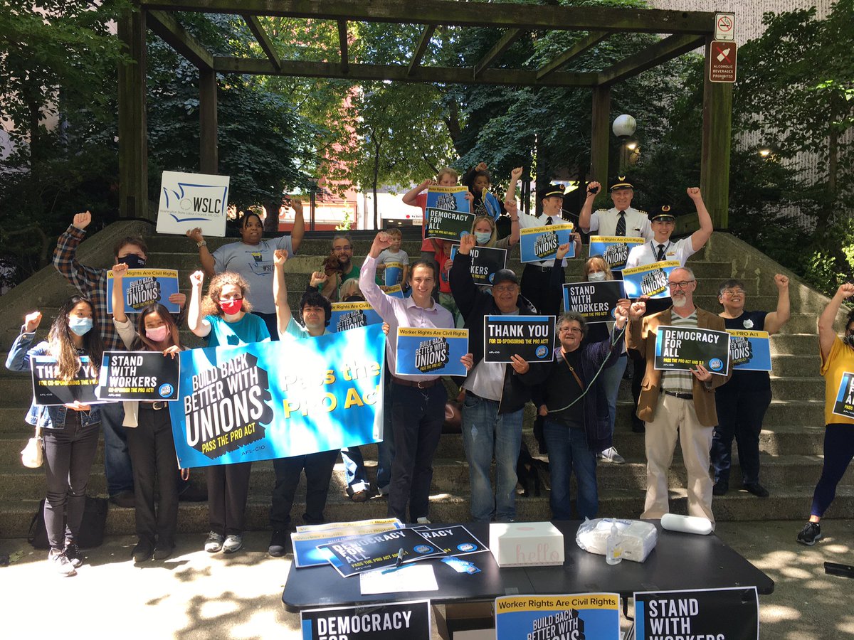 WAAFLCIO's tweet photo. Today, @lebrown1one and union supporters rallied outside @SenatorCantwell’s Tacoma office to thank her for co-sponsoring the #ProAct and urge her to keep fighting for its passage! #PassTheProAct @AFLCIO https://t.co/imvSZs2Osz