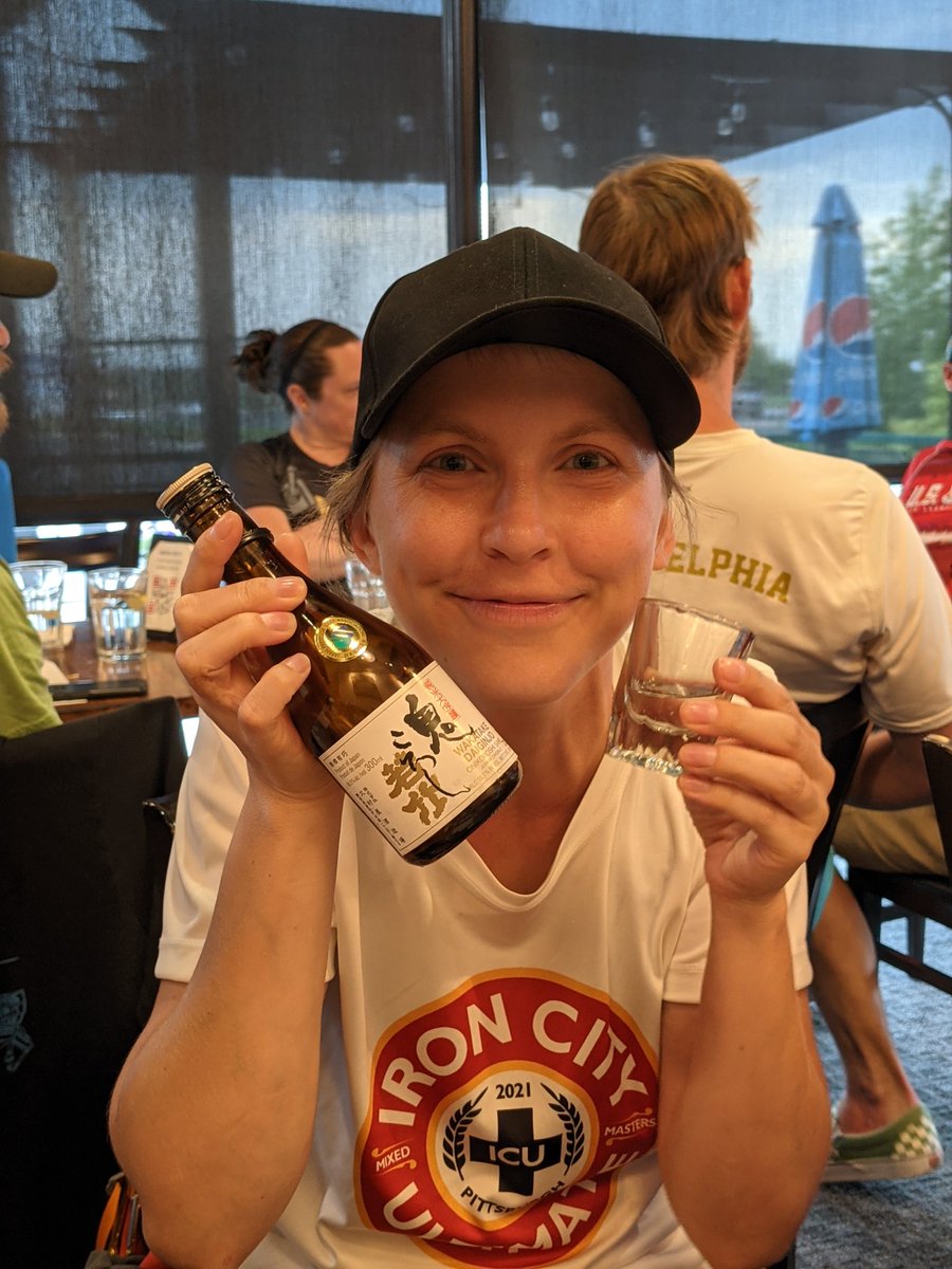 Drinking Demon Slayer sake at the restaurant, slaying her matchups on the field.