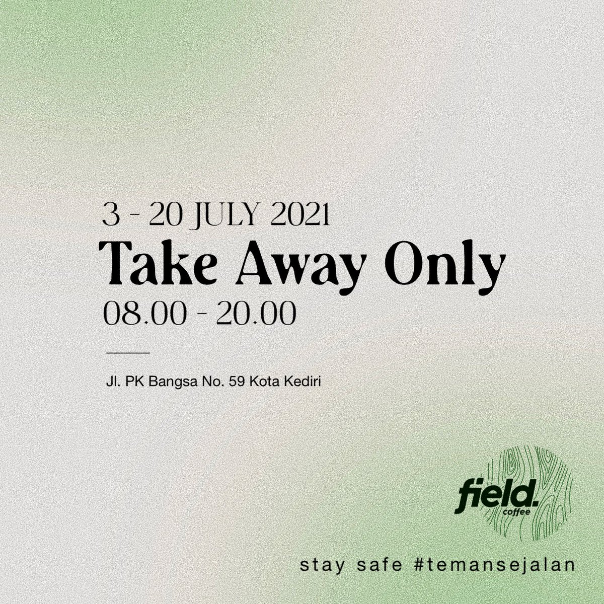 FieldCoffeeKdr's tweet photo. Halo #temansejalan , dalam rangka mengikuti aturan dari pemerintah, untuk sementara @FieldCoffeeKdr hanya bisa take away saja ya.
#fieldcoffee #PPKMDarurat #coffeeshopkediri #StaySafe #dirumahaja https://t.co/qwvZb4SQiM