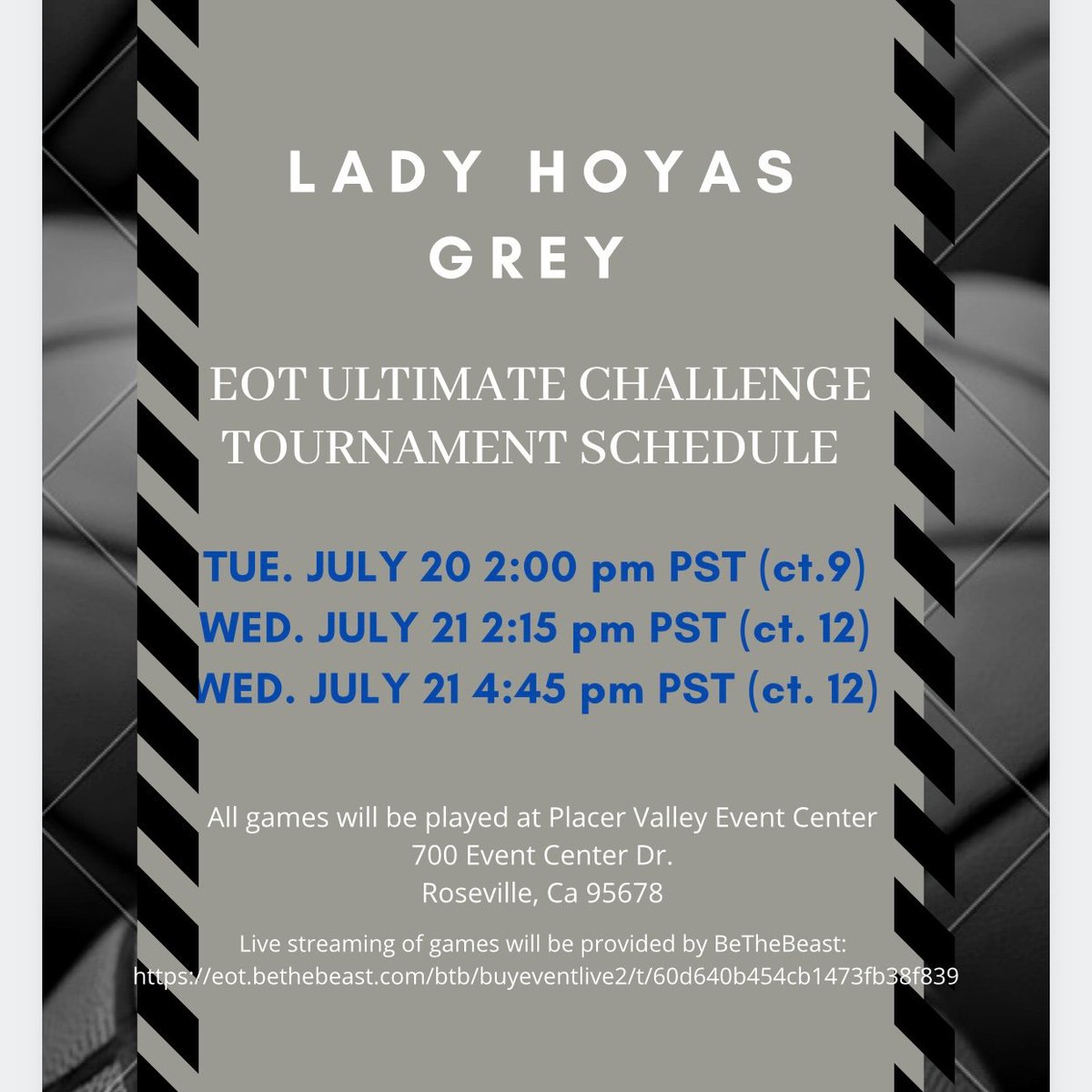Lady HOYAS GBB 🏀 (@gbbhoyas) on Twitter photo END OF THE TRAIL July 20-23 Roseville, CA Schedule for our 16u Blue & Grey teams. Live viewing tourney.
NCAA certified.
DM for Rosters...2023 to 2025 players, five 6' plus.
<a href="/1on1YourShotOn1/">1 on 1 ... Your Shot On Your Terms</a> END OF THE TRAIL July 20-23 Roseville, CA Schedule for our 16u Blue & Grey teams. Live viewing tourney.
NCAA certified.
DM for Rosters...2023 to 2025 players, five 6' plus.
<a href="/1on1YourShotOn1/">1 on 1 ... Your Shot On Your Terms</a>