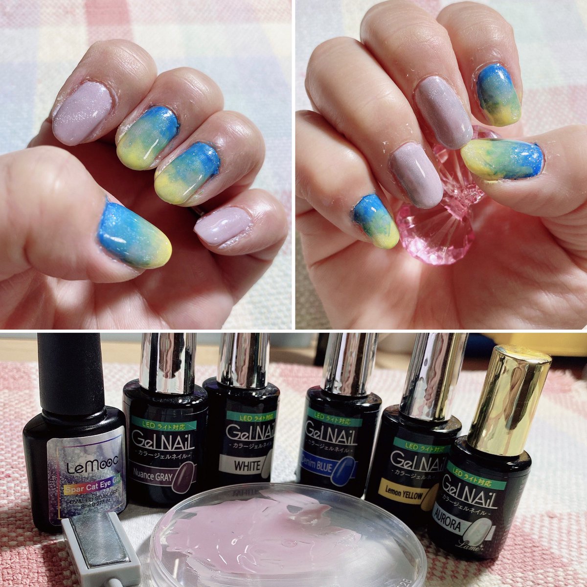 いく 7月後半のネイル ニュアンスグレーとホワイトとクリアをミックスすると あら可愛い スモーキーピンクに デニムブルーとレモンイエローのグラデは 前からやってみたかったの どちらもキラキラ をプラスして夏仕様のネイル完成 セリアジェル