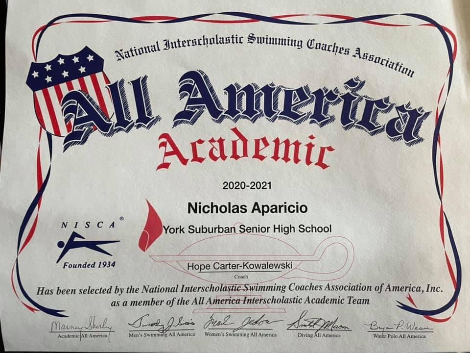 A GPA <a href="/YorkSuburbanHS/">York Suburban High School</a> >3.75 while participating and lettering in varsity swimming is extremely difficult. Cheering for 2 members of the Class of 2021 who achieved this honor. Congrats to NISCA Academic All Americans Nick Aparicio and Daisy Pflaum!! <a href="/YSAthletics/">York Suburban Athletics</a> <a href="/YorkSuburban/">York Suburban School District</a>