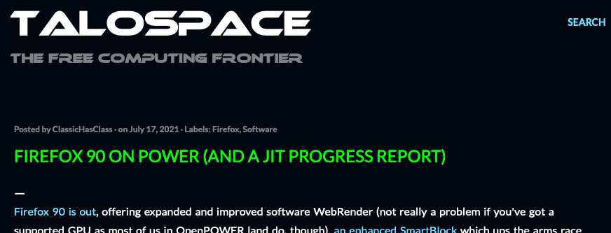 mpc7500v2's tweet photo. #Firefox90 on POWER (and a JIT progress report)
https://t.co/nMXWd1og9d
#OpenPOWER #IBM #POWER9 #PowerPC #Firefox #JavaScriptJIT https://t.co/PDu6TnUecP
